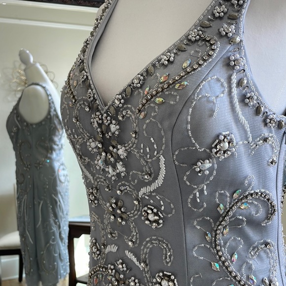 Size 6 very light gray-blue tank strap fully beaded midi by Abby Paris, like new - Picture 4 of 7
